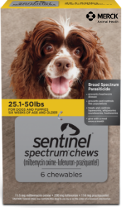 Sentinel spectrum chews packaging for 25.1-50 lbs dogs
