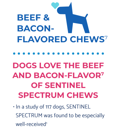 Dog with a heart icon and beef and bacon flavored chews with description 
