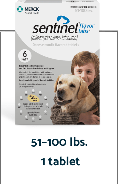 Sentinel flavor tabs grey packaging for 51-100 lbs. dogs vertical description