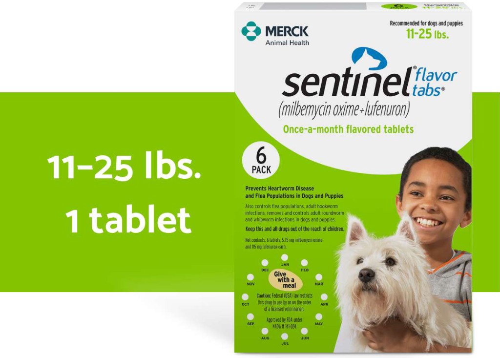 Sentinel flavor tabs green packaging for 11-25 lbs. dogs 

