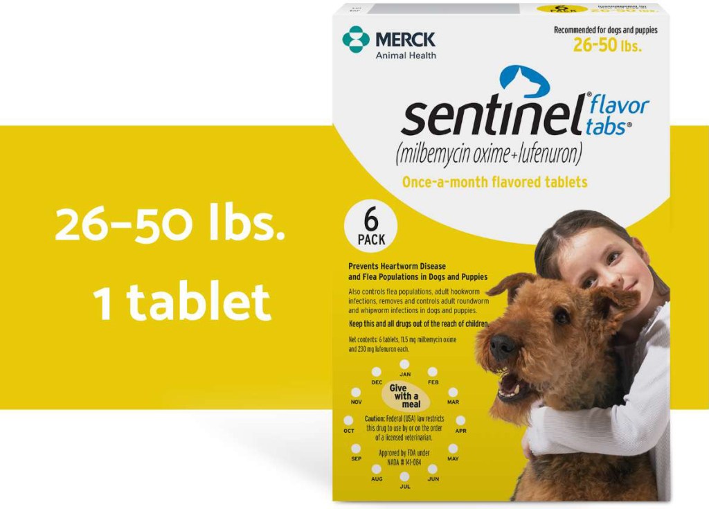 Sentinel flavor tabs yellow packaging for 26-50 lbs. dogs 