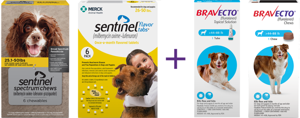 Sentinel Spectrum Chews and Sentinel Flavor Tabs plus Bravecto Topical Solution and Bravecto Chews Packaging